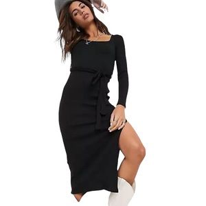 Topshop Ribbed Black Tie Waist Midi Dress NWT
